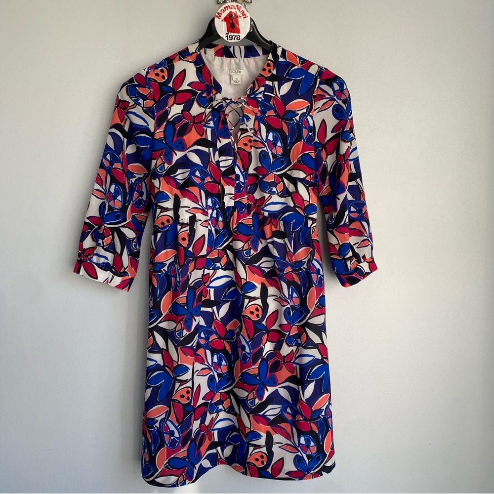 J.CREW Blue Lace Up Printed Dress Short Sleeve Size XS